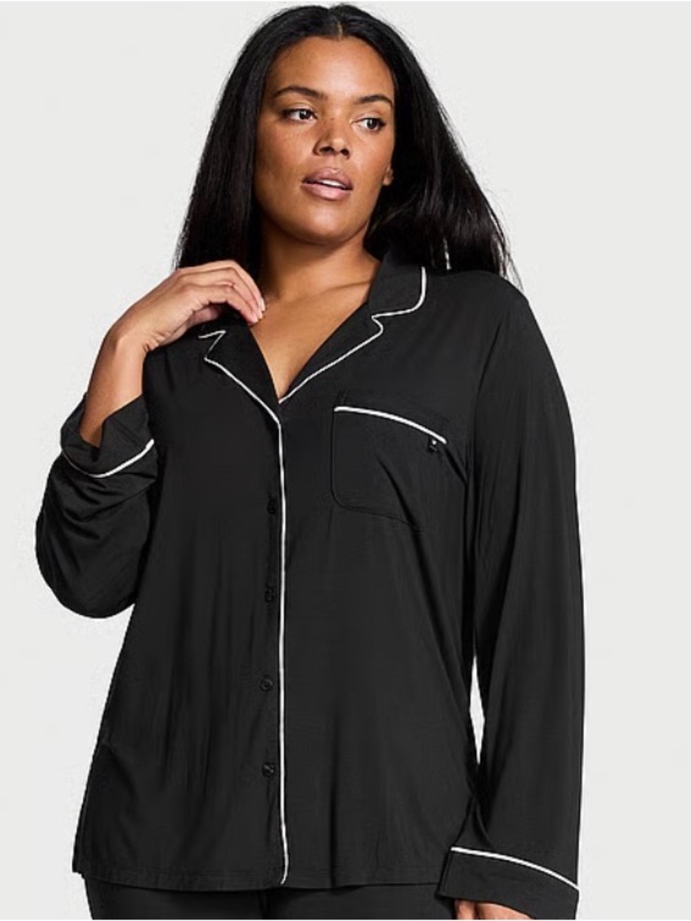 Victoria's Secret Black Modal Pajama TOP ONLY with light pink Piping